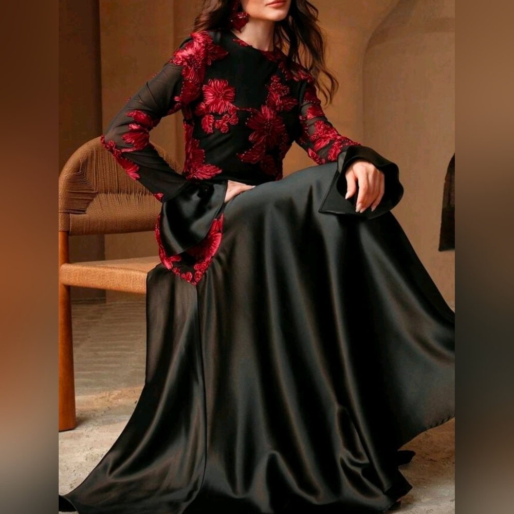 New Embroidered Mesh Asymmetrical Satin Maxi Dress Black Red